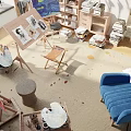 Spacious School Art Studio Featuring Large Windows Blue Chair Easels Paint Supplies Books And Artworks