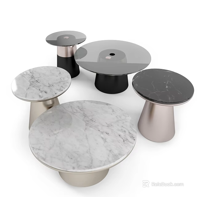 Modern Round Coffee Tables with Marble Tops and Various Colored Bases 3d model