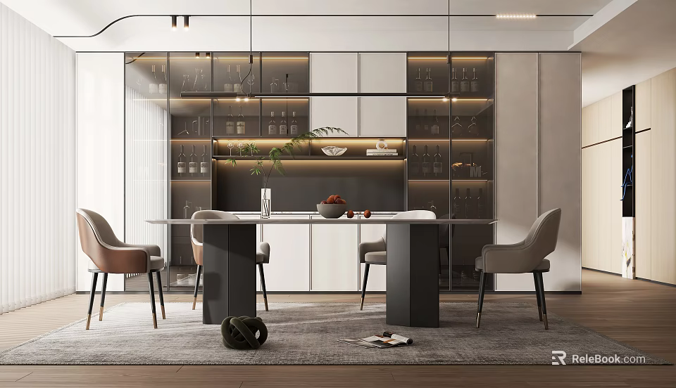 Modern Elegant Restaurant Interior With Dining Table Chairs And Display Cabinets 3d model