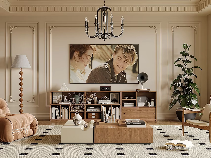 Living Room Interior Design With Chandelier Wall Painting Bookshelf Sofa And Coffee Table 3d model 