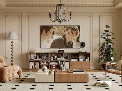 Living Room Interior Design With Chandelier Wall Painting Bookshelf Sofa And Coffee Table 3d model