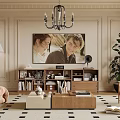 Living Room Interior Design With Chandelier Wall Painting Bookshelf Sofa And Coffee Table