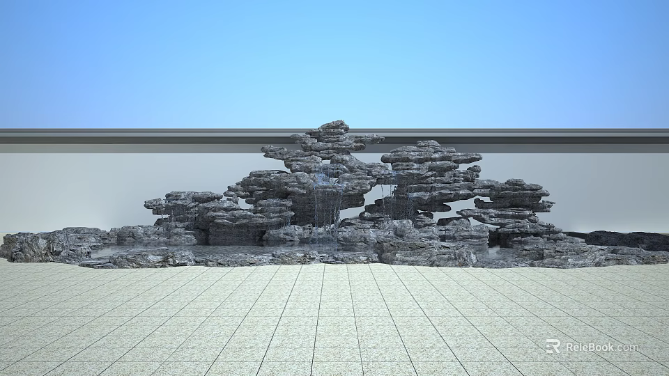 Garden Ornament Rockery Formation With Flowing Water Blue Sky White Wall And Light Tiled Floor 3d model 