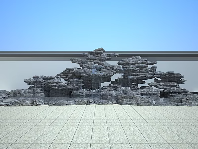 Garden Ornament Rockery Formation With Flowing Water Blue Sky White Wall And Light Tiled Floor 3d model