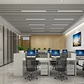 Modern Public Office Space With Open Layout Desks Computers Linear Ceiling Lights And Green Plants 3d model