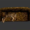 Vintage Floral Pattern Sofa In Golden Brown With Red Legs And Dog Resting