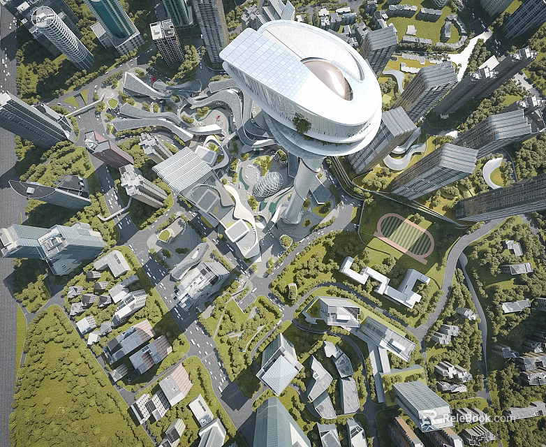Aerial View Of Modern City With Unique Skyscraper Green Spaces And Roads 3d model 