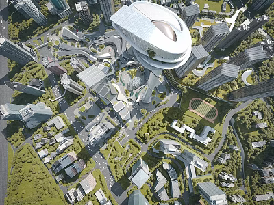 Aerial View Of Modern City With Unique Skyscraper Green Spaces And Roads 3d model