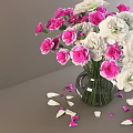 Transparent Glass Vase with Pink and White Carnations Wheat Stalks and Petals in Wooden Bowl