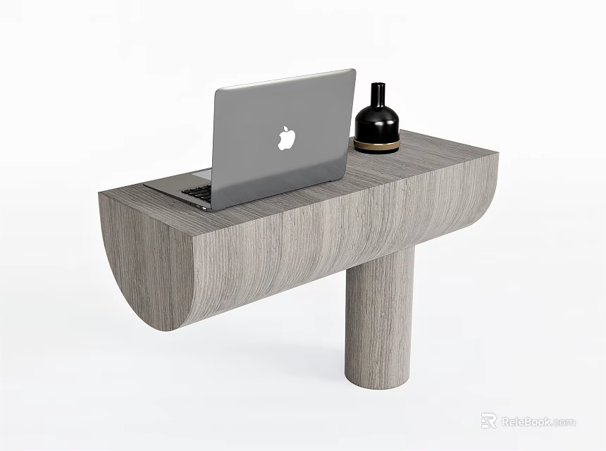 Modern Gray Wood Grain Desk With Unique Design Laptop And Black Bottle 3d model 
