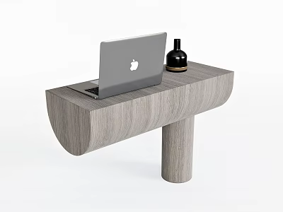 Modern Gray Wood Grain Desk With Unique Design Laptop And Black Bottle 3d model