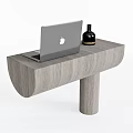 Modern Gray Wood Grain Desk With Unique Design Laptop And Black Bottle