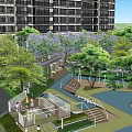 Modern High Rise Residential Complex With Central Landscaped Garden Walkways And Water Features
