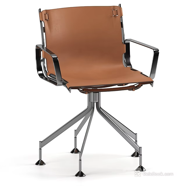 Modern Office Chair With Brown Leather Seat And Black Metal Armrests 3d model 