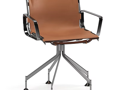 Modern Office Chair With Brown Leather Seat And Black Metal Armrests 3d model