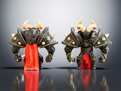 Detailed Horned Mythical Creature Characters In Black Armor With Red Capes And Gold Accents 3d model