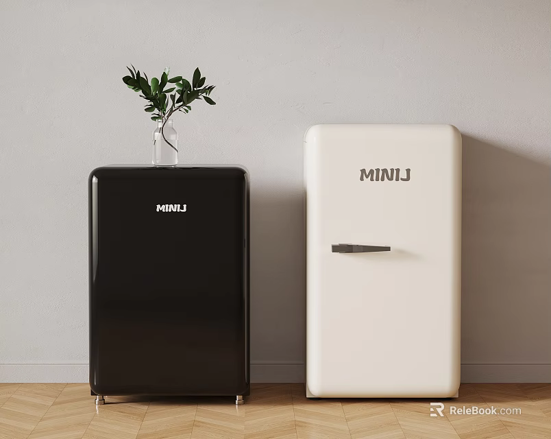 Black and White MINIJ Refrigerators with Green Plant on Wooden Floor 3d model 