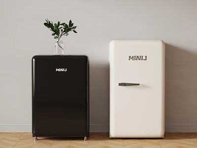 Black and White MINIJ Refrigerators with Green Plant on Wooden Floor 3d model