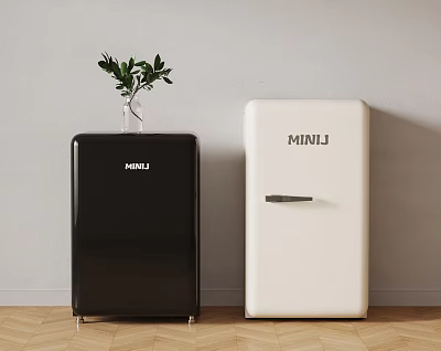 Black and White MINIJ Refrigerators with Green Plant on Wooden Floor 3d model