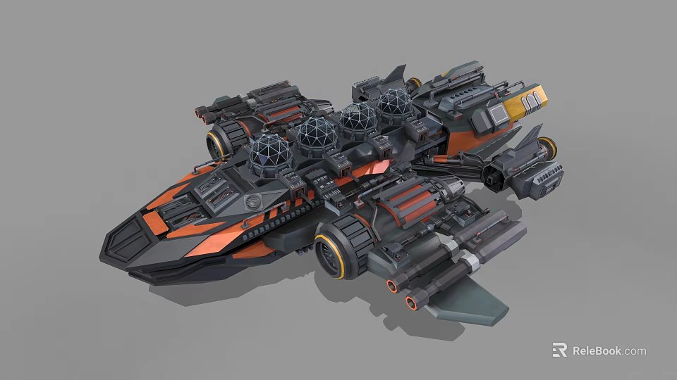 Futuristic Battle Spaceship With Multiple Turrets Mechanical Armor And Black Orange Gray Design 3d model 