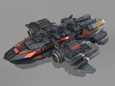 Futuristic Battle Spaceship With Multiple Turrets Mechanical Armor And Black Orange Gray Design 3d model