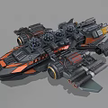 Futuristic Battle Spaceship With Multiple Turrets Mechanical Armor And Black Orange Gray Design