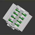 Shiny Silver Metallic Mechanical Part With Green Coiled Structures And Metal Bolts