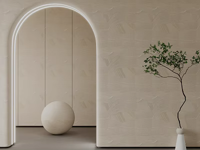 Modern Minimalist Interior With Arched Doorway Beige Textured Walls White Sphere Decor And Tree Vase 3d model