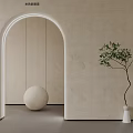 Modern Minimalist Interior With Arched Doorway Beige Textured Walls White Sphere Decor And Tree Vase