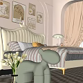 Kids Bedroom With White Bed Decorative Paintings Chandelier Beige Curtains Green Toy And Checkered Carpet