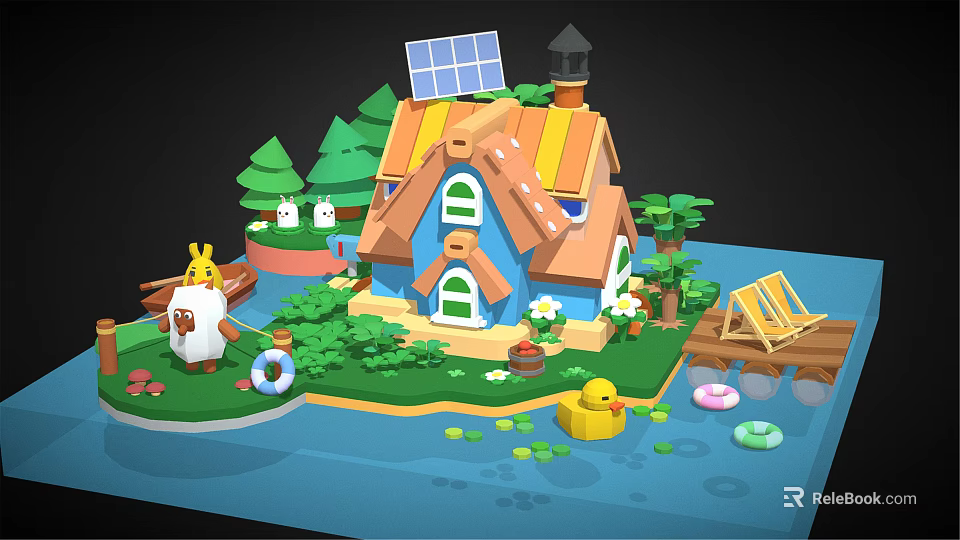 Cartoon Scene With Blue House Solar Panel Roof Green Trees Bunny Rabbits And Yellow Duck 3d model 