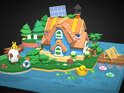 Cartoon Scene With Blue House Solar Panel Roof Green Trees Bunny Rabbits And Yellow Duck 3d model