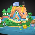Cartoon Scene With Blue House Solar Panel Roof Green Trees Bunny Rabbits And Yellow Duck