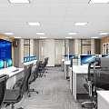 Modern Security Control Room with Multiple Surveillance Monitors and Control Desks