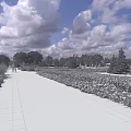Park Landscape Featuring Paved Path Colorful Flower Beds Green Trees And Blue Sky