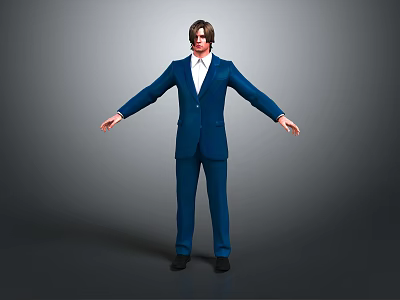 3D Rendered Blue Suit Character Standing With Arms Outstretched On Gray Background 3d model