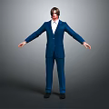 3D Rendered Blue Suit Character Standing With Arms Outstretched On Gray Background
