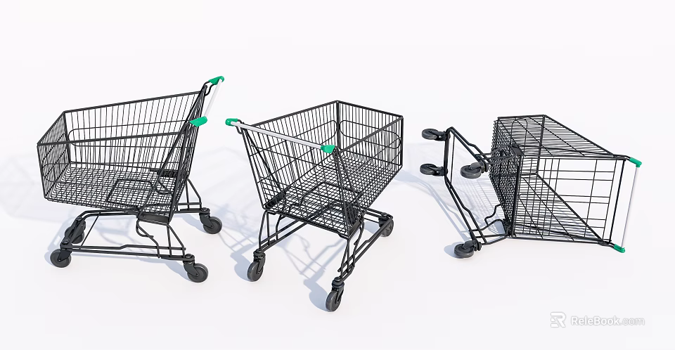 Black Shopping Carts With Green Handles As Public Facility In Retail Stores 3d model 