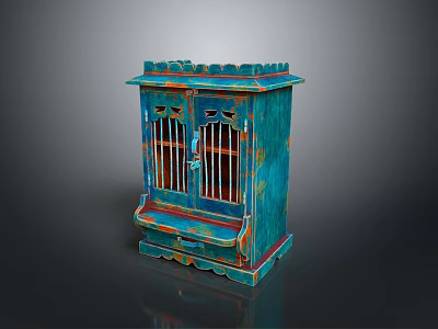 Vintage Blue Wooden Cabinet With Carved Details And Glass Doors 3d model