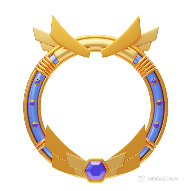 Golden Circular Ornament Decor Set With Blue Gemstones And Wing Decorations 3d model 