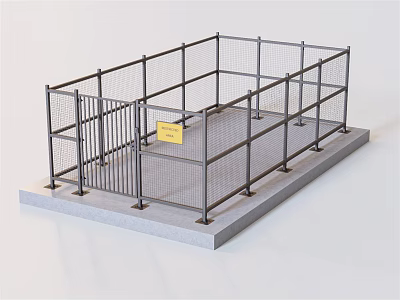 Metal Wire Mesh Fence Enclosure With Square Structure And Yellow Warning Sign 3d model