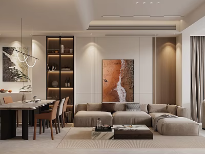 Modern Living And Dining Room With Sofa Dining Table Paintings And Pendant Lighting 3d model
