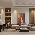 Modern Living And Dining Room With Sofa Dining Table Paintings And Pendant Lighting