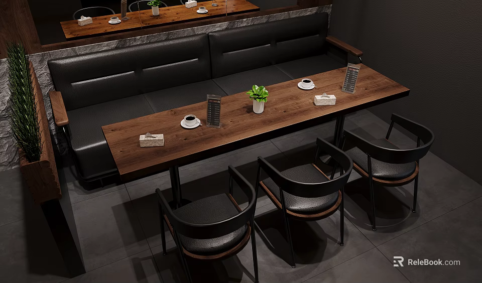 Modern Dining Area With Long Wooden Table Black Chairs Booth Seating And Potted Plant 3d model 