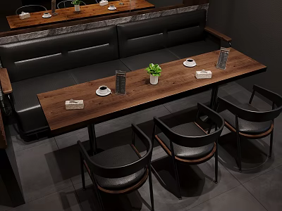 Modern Dining Area With Long Wooden Table Black Chairs Booth Seating And Potted Plant 3d model