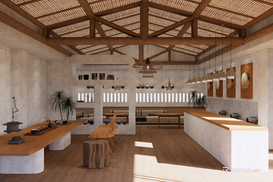 Luxurious Hotel Mahjong Room with Wooden Ceiling and Comfortable Seating Areas 3d model 