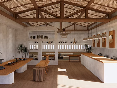 Luxurious Hotel Mahjong Room with Wooden Ceiling and Comfortable Seating Areas 3d model