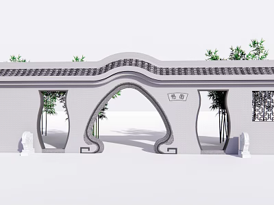 Traditional Chinese Garden Wall With Arched Doorways Tiled Roof And Bamboo Plants 3d model