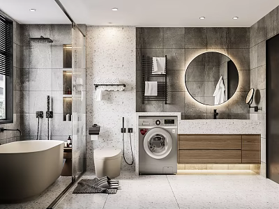 Modern Bathroom Interior With Bathtub Washing Machine Round Mirror Wooden Cabinets And Gray Stone Walls 3d model