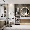 Modern Bathroom Interior With Bathtub Washing Machine Round Mirror Wooden Cabinets And Gray Stone Walls